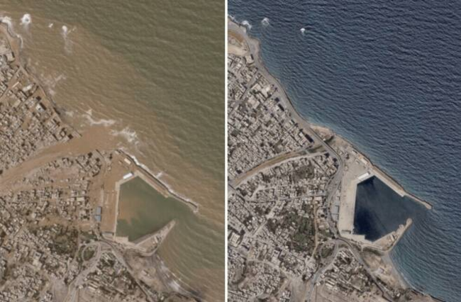사진 왼쪽은 2023년 9월 2일에 촬영된 리비아 데르나의 위성사진, 오른쪽은 홍수가 발생한 이후인 9월 12일에 촬영된 위성사진. 플래닛 랩스 제공